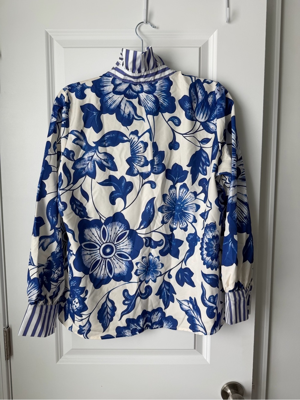 Blue & White Floral Button Shirt w/ Striped Collar and Cuffs - Picture 2 of 6